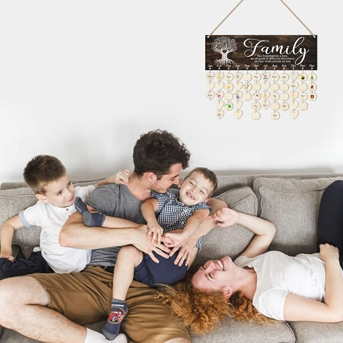 CHDITB Family Birthday Reminder Calendar Board(16”x5), DIY Birthday Gifts for Mother’s Day Valentine's Day, Wooden Family Friends Birthday Tracker Wall Hanging with 100 Heart/Circle Tags (Brown)