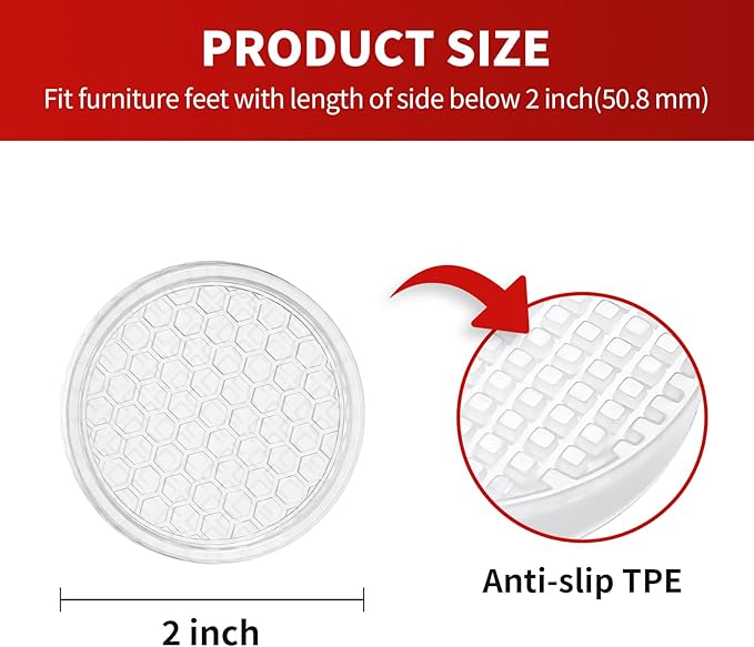 Ezprotekt Non Slip Furniture Pads, 8 Pcs 2" Anti Skid Rubber Caster Cups, Anti-Slip Round Furniture Coasters for Hardwood Floors, Anti Slide Floor Protectors for Bed Couch Stoppers (Clear)