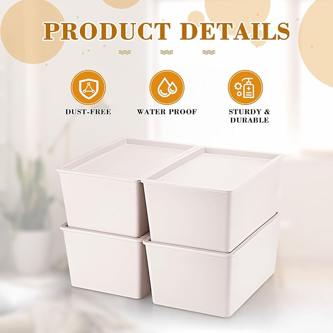 Menkxi 4 Pcs Storage Bins with Lids Plastic Stackable Containers for Organizing Shelves Christmas Ornament Box Baskets(Beige,Large)