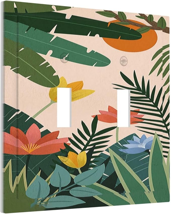Decorative Switch Plates Boho Tropical Plant Floral Pattern 2 Gang Double Toggle Outlet Light Switch Cover Wall Plate Electrical Faceplate for Bedroom Cabin Decor