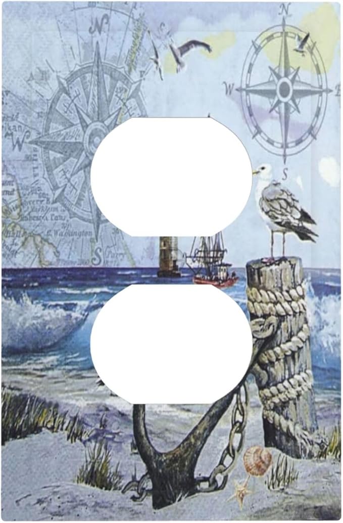 Outlet Covers Sea Ocean Sand Coast Compass Ship Lighthouse Anchor 1 Gang Duplex Light Switch Cover Plate Decorative Wall Plates Electrical Switchplate Receptacle Cover for Bathroom Decor