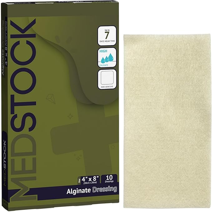 MEDSTOCK Alginate Dressing, 4"x8" (Pack of 10), Highly Absorbent Non-Woven Wound Care, Gel Formation for Optimal Healing Environment, Made with 100% Calcium Alginate Fibres