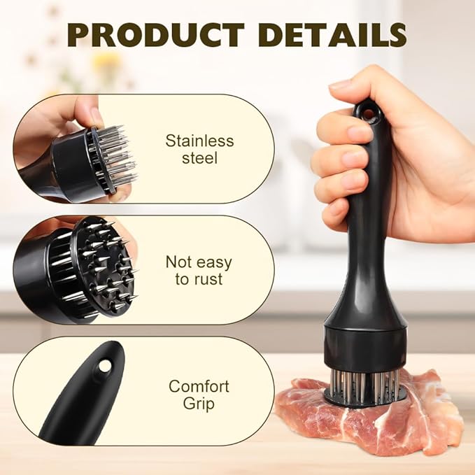 Stainless Steel Meat Tenderizer, 2025 Upgraded Stainless Steel Meat Tenderizer Needle 21 Pin Steak, Ultra Sharp Needle Blades Chicken BBQ Kitchen Cooking Tool, With Pounding Steak Mallet Tool (2-Mix)