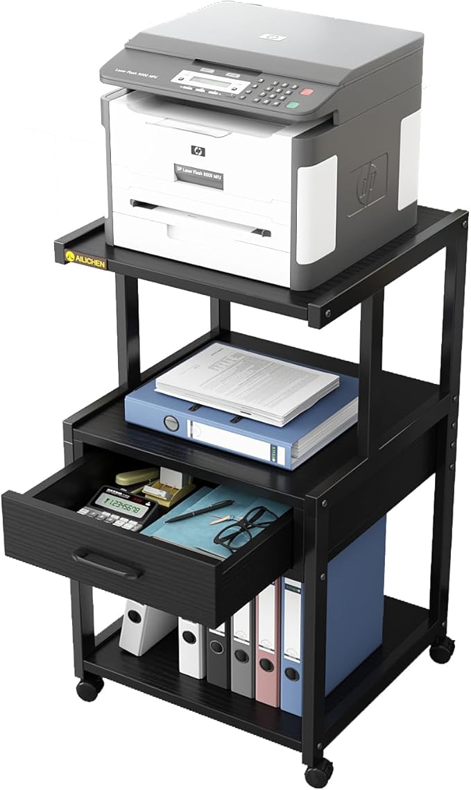 Printer Stand, 3-Tier Mobile Printer Cart, 31.5 x 14.96 x 17.72 Inches Square Printer Table with Storage Rack, Rolling Printer Table with Industrial Wheels for Home Office, Black