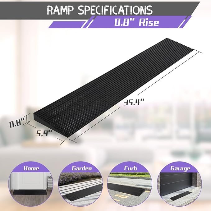 0.8" Rise Threshold Ramp for Doorways, 2204 LBS Capacity Rubber Threshold Ramp, Non-Slip Driveway Curb Ramps Handicap Ramp for Wheelchair Scooter Stroller, Cuttable and Adjustable Size
