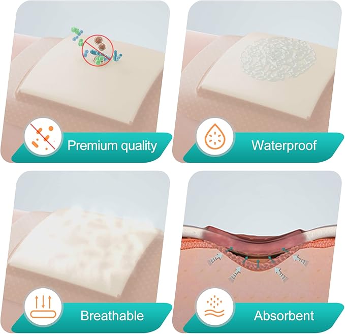 Dimora Silicone Foam Dressing with Border Adhesive 6"x6" Waterproof Wound Dressing Bandage for Wound Care 10 Pack