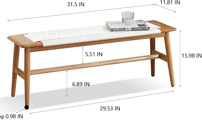 Wood Dining Bench,100% Natural Solid Oak with Rattan Design, Rounded Edge, Bench for Entryway Hall, Dining Room,Bedroom, Living Room (Off-White, 31.49 inch)