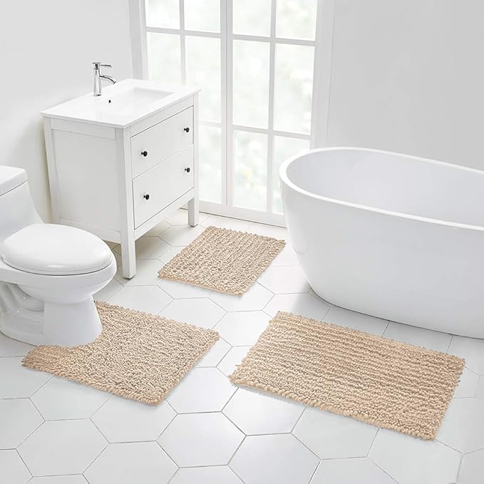 Walensee Large Bathroom Rug Non Slip Bath Mat (72x24 Inch Beige) Water Absorbent Super Soft Shaggy Chenille Machine Washable Dry Extra Thick Perfect Absorbant Best Plush Carpet for Shower Floor