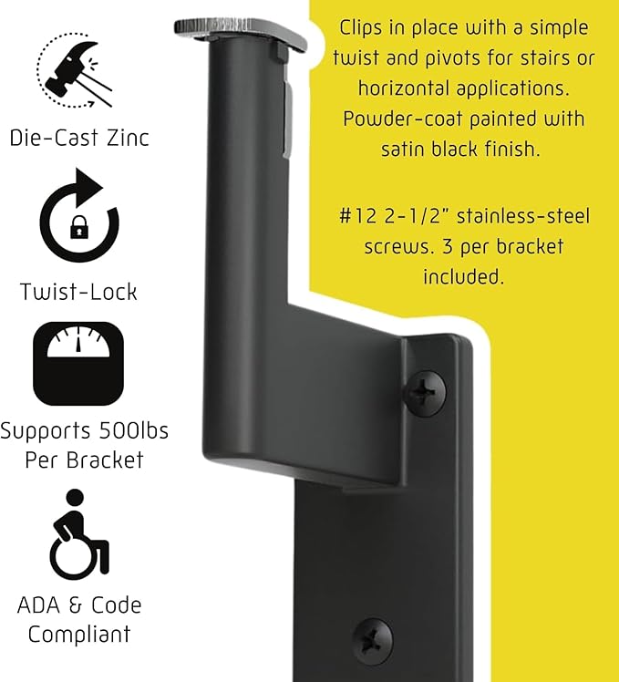 Promenaid 2ft Flush Handrail Kit - Satin Black - Complete Indoor/Outdoor Handrail for Stairs - 1.6" Round Anodized Aluminum Railing with 2 Satin Black Painted Pivoting Wall Brackets & Flush Endcaps