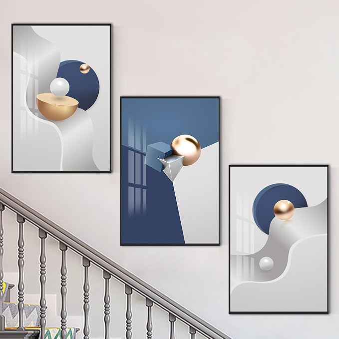 QKF Large Blue Geometry Abstract Wall Art Bright Canvas Decorative Painting Now Home, Bedroom, Living Room Painting Poster Printing Wall Decor 3-piece Set 20" X 28"