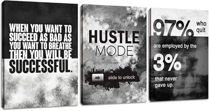 Motivational Office Wall Decor, Inspirational Canvas Wall Art, 3 Pieces Hustle Posters Prints Entrepreneur Success Quote Wall Decor for Lobby Meeting Room Hallway Living Room(48”Wx24”H)