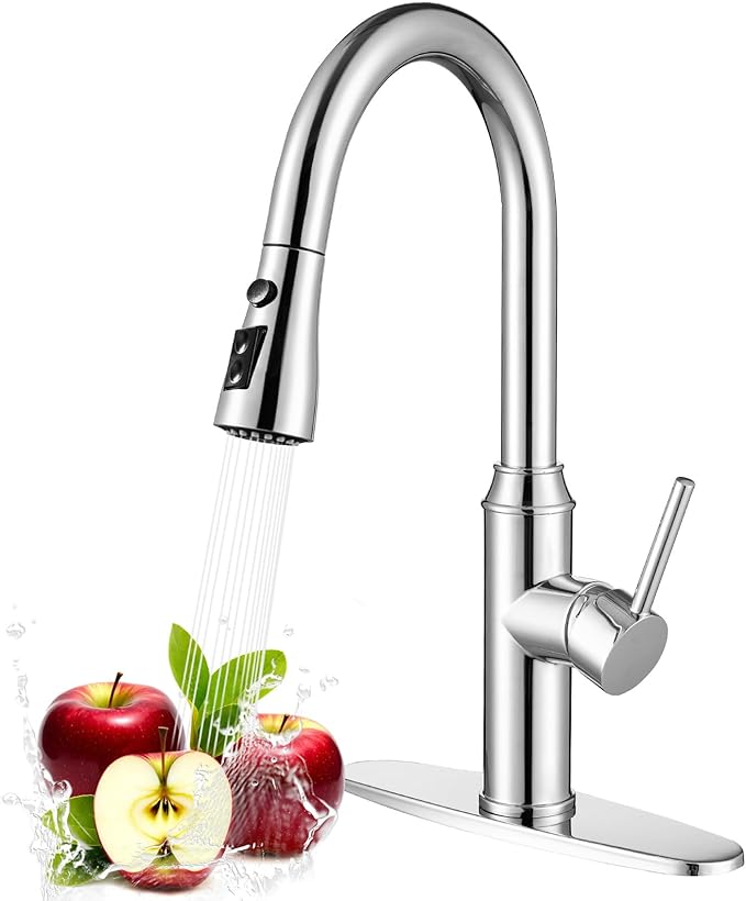 Kitchen Faucet with Pull Down Sprayer, Chrome Faucet for Kitchen Sink Stainless Steel Kitchen Faucets, Single Handle 1 or 3 Hole Faucet with Escutcheon for RV, Outdoor, Laundry & Utility Room Sink