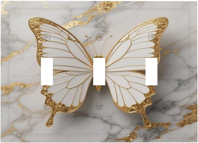Gold Marble Shine Butterfly Abstract Modern Print Decorative Switch Plates 3 Gang Wall Plate Triple Toggle Light Switch Cover Faceplate Electrical Wall Panels for Bed Room Bathroom Decor
