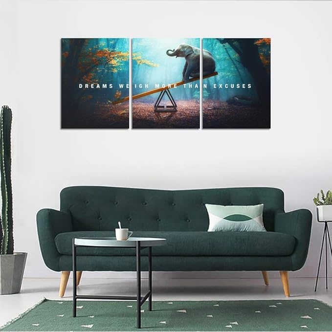 Unbruvo Elephant Wall Art for Office, Motivational Inspirational Canvas Wall Art, 3 Pieces Elephant Painting Prints Wall Decor for Living Room Bedroom Classroom Dorm(36”Wx16”H)