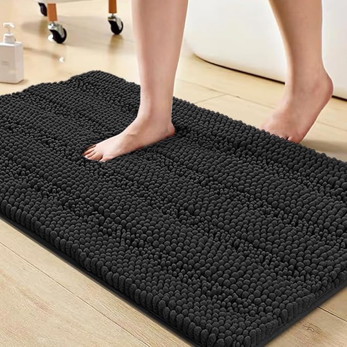 Turquoize Luxury Chenille Bath Rug for Bathroom Rugs Extra Absorbent Bath Mat Non Slip Microfiber Shower Rug for Bathroom Microfiber Shaggy Carpet Rug Size, 20"x 32", Black
