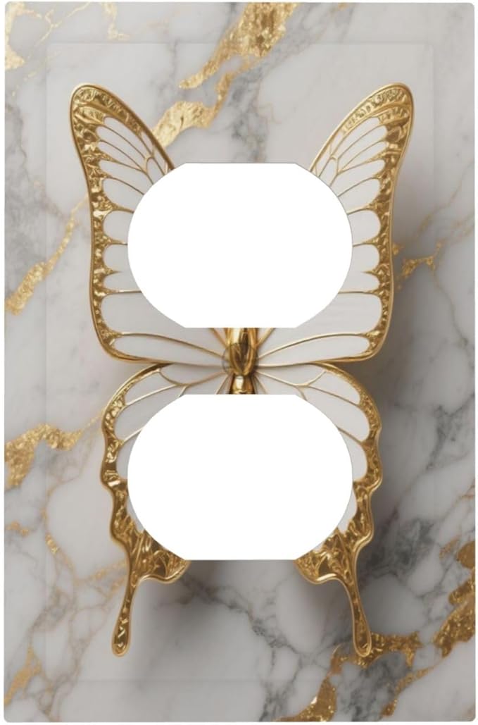 Gold Marble Shine Butterfly Abstract Modern Print Outlet Covers 1 Gang Duplex Light Switch Cover Decorative Switch Plates Electrical Receptacle Faceplate Wall Plate for Bed Room Bathroom Decor