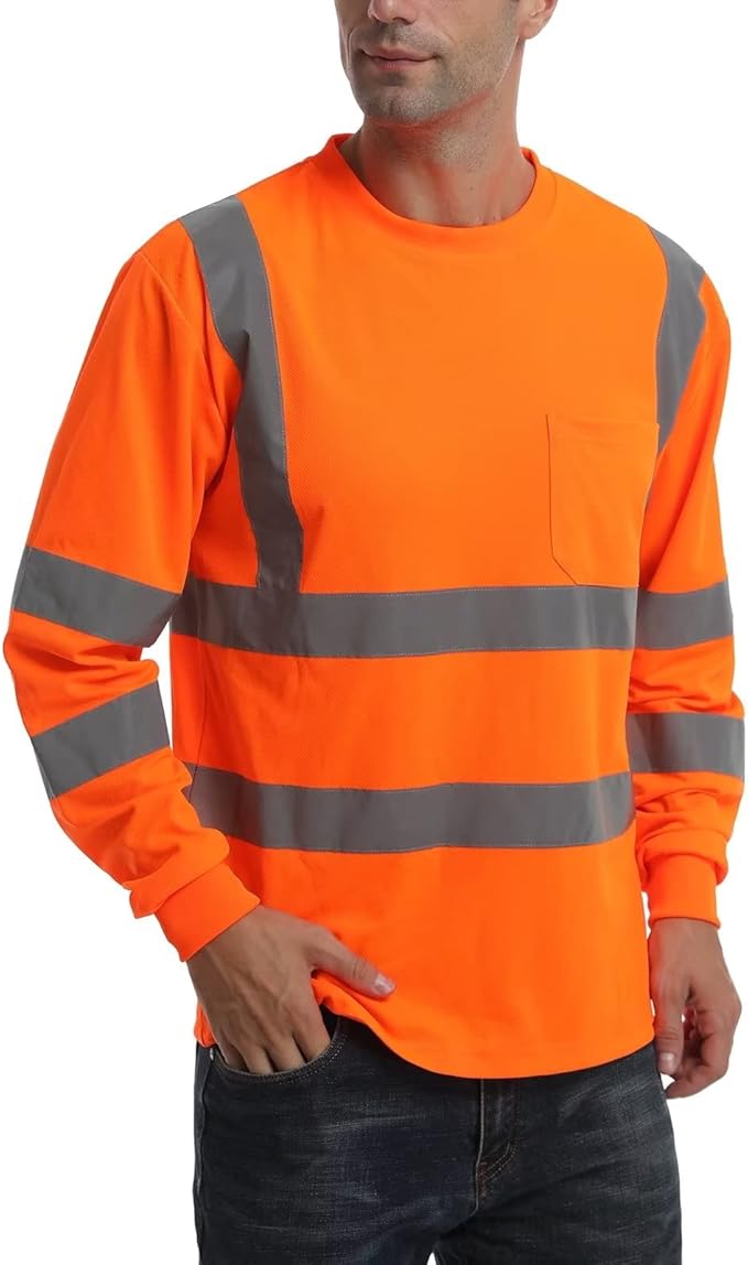 High Visibility Class 3 T Shirts，Hi Vis Safety Shirts with Reflective Strips and Pocket, Long Sleeve Quick Dry Mesh Construction Work Shirt for Men/Women Orange,Large