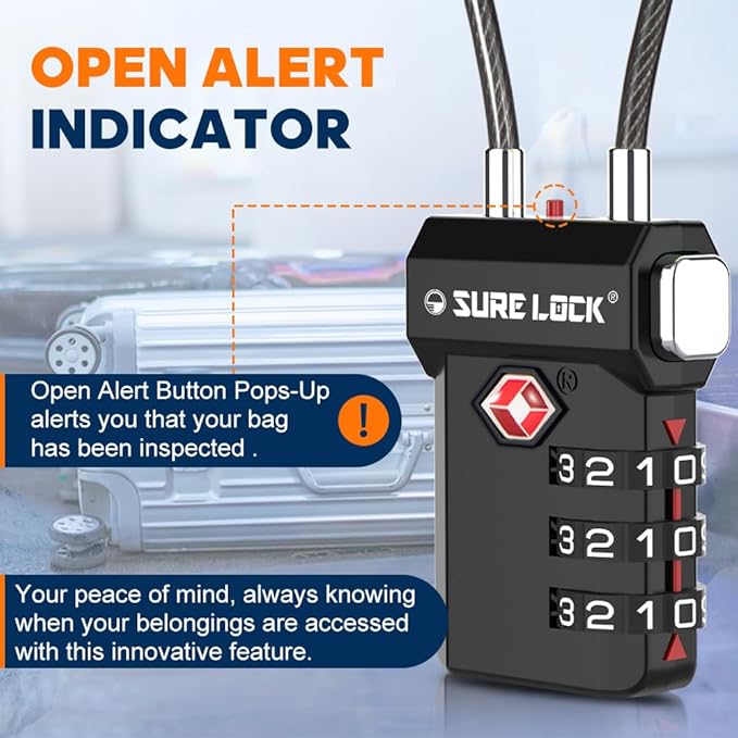 SURE LOCK TSA Approved 3-Digit Combination Luggage Locks – Open Alert Indicator, Re-settable Code with Zinc Alloy Body, Easy-Read Dials for Suitcase, Backpack, Gym Locker & Toolbox (Multiple Colors)