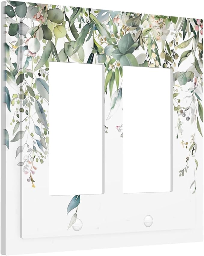 Sage Green Watercolor Eucalyptus Leaves Floral Flowers Decorative Outlet Covers 2 Gang Double GFCI Rocker Electrical Wall Panels Light Switch Cover Plate for Farmhouse Bed Room Decor