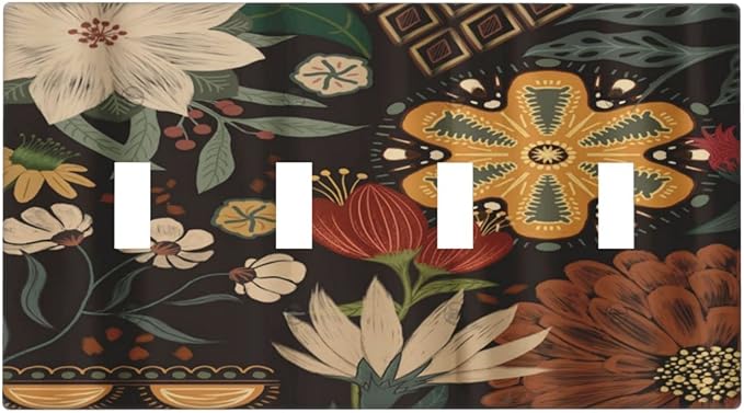 Boho Floral Tropical Leaves Quad Toggle Artistic Light Switch Covers Decorative Bohemian Flowers Botanical 4 Gang Wall Plates Cover 4 Hole Electrical Device Switchplates for Country Bathroom