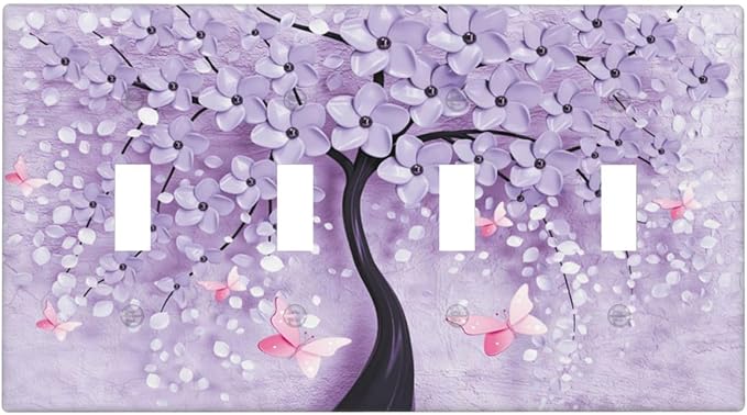 Light Switch Cover 3D Purple Tree 4 Gang Switch Plate Quad Toggle Wall Plates Decorative Switchplate Electrical Outlet Cover Plates for Bathroom Bedroom Decor