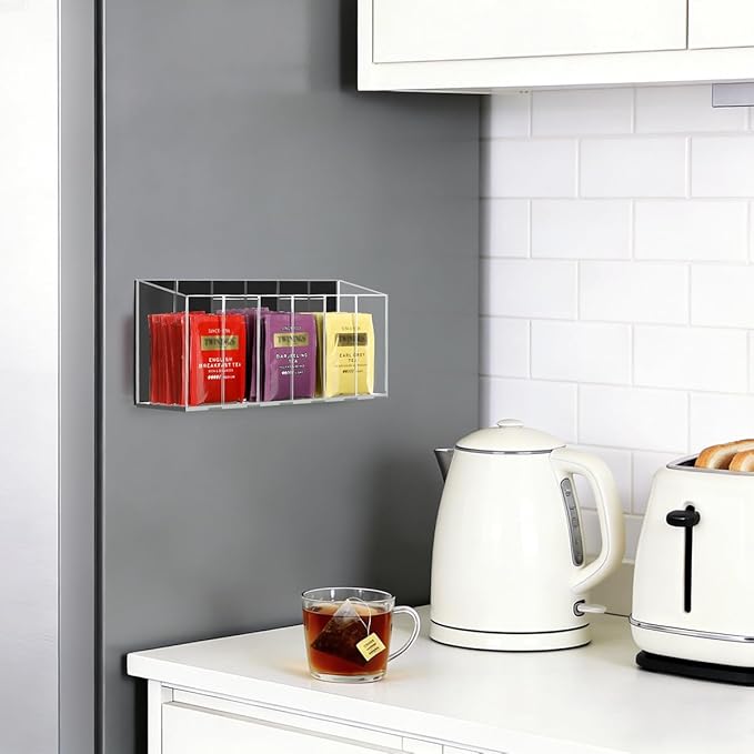 AIEVE Drink Packet Organizer, Mountable Water Packet Organization Holder with Adhesive & Magnetic Sticker, Pantry Organizers Kitchen Storage for Countertop Table Fridge Cabinet