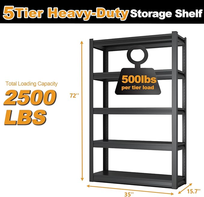 72H Metal Kitchen Storage Shelves, 2500 LBS Heavy Duty Garage Shelving Unit, 5-Tier Adjustable Pantry Shelves, Food and Beverage Storage Rack, Appliance Storage Utility Shelf for Balcony - Black