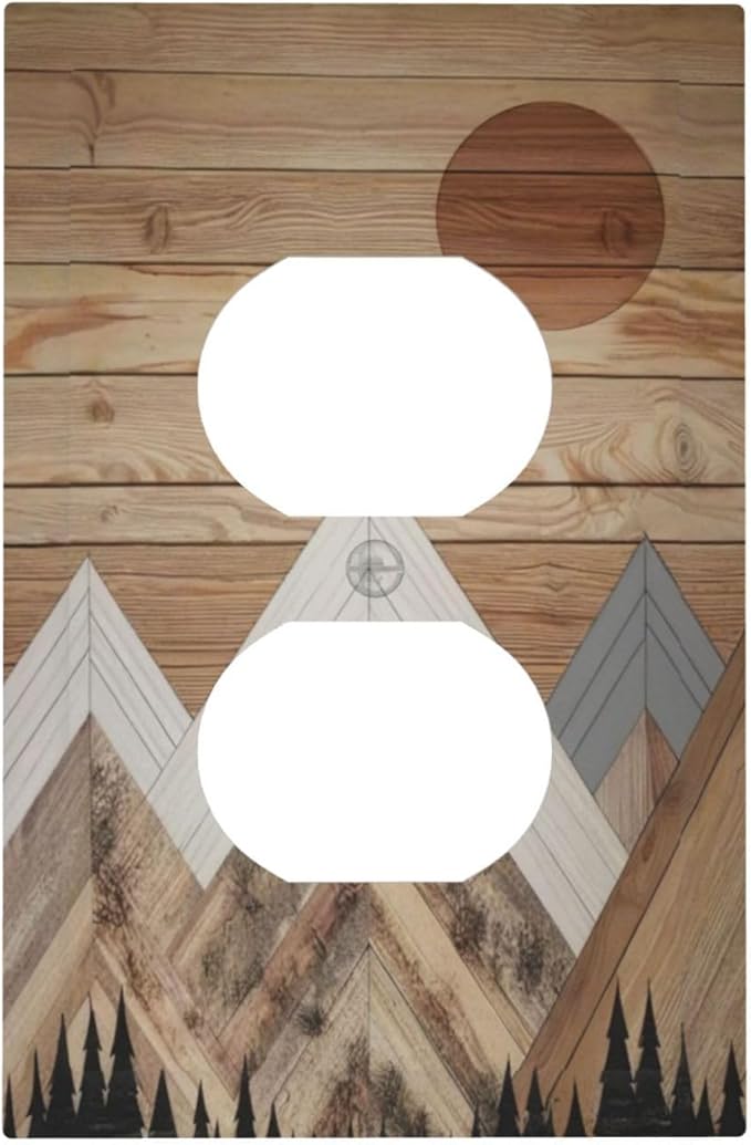 Wooden Planks Mosaic Snow Mountain Sun Outlet Covers 1 Gang Duplex Light Switch Cover Decorative Switch Plates Electrical Receptacle Faceplate Wall Plate for Farmhouse Home Decor
