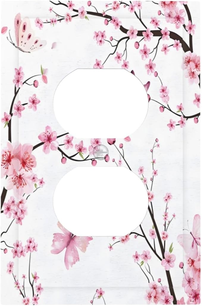 Cherry Floral Watercolor Pink Flowers Butterfly Outlet Covers 1 Gang Duplex Light Switch Cover Decorative Switch Plates Electrical Receptacle Faceplate Wall Plate for Bed Room Living Room Decor