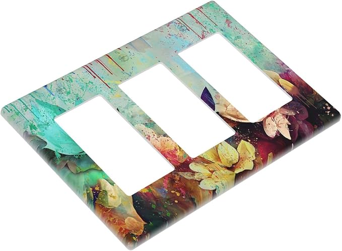 Light Switch Cover Watercolor Flower Colorful Floral 3 Gang Wall Plate Triple Light Switch Plate Rocker GFCI Outlet Covers Decorative Receptacle Cover for Bathroom Bedroom Decor
