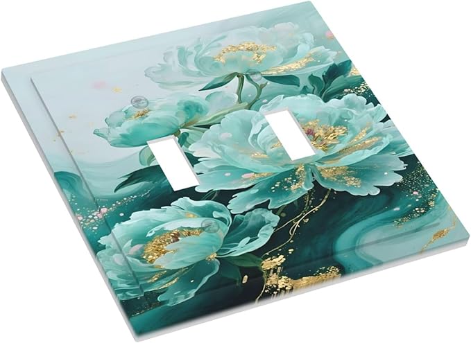 Decorative Light Switch Cover Plate Gold Green Floral Gilt Marble Flower 2 Gang Switch Plate Covers Double Toggle Wall Plate Dual Device Faceplate for Bathroom Decor