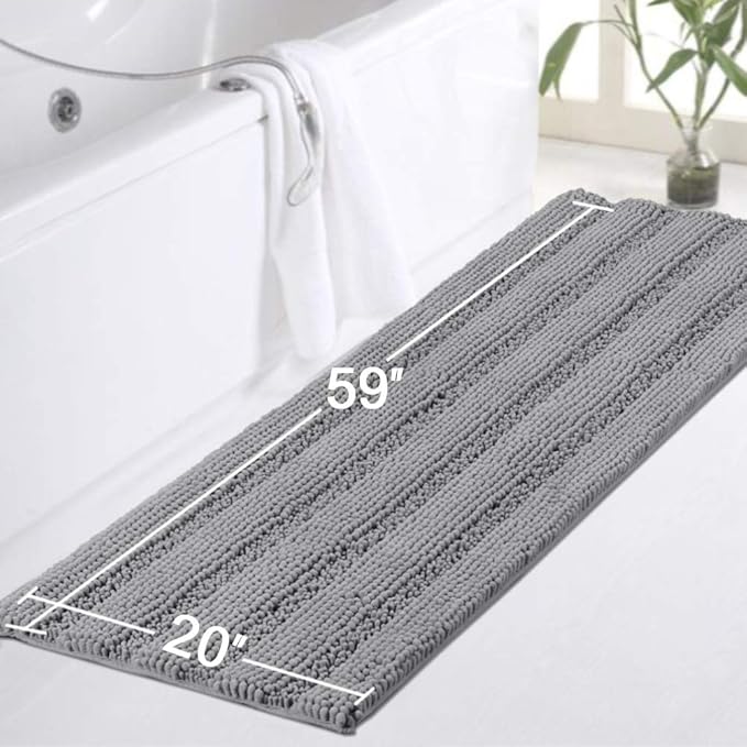 Turquoize Gray Kitchen Runner Chenille Shag Area Rug Non Slip Backing for Floor Runner Rug with Water Absorbent Bath Room Mat for Tub/Living Room, 59" X 20", Dove Gray, Striped Pattern