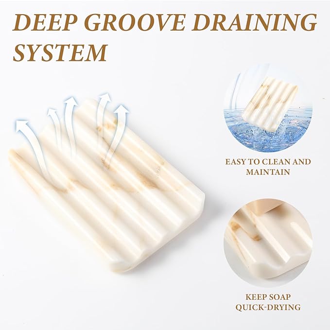 Koville Natural Marble Soap Dish for Bathroom Shower, White Gold Marble Soap Tray for Bathroom, Stone Soap Tray for Sink, Stripe Grooves Soap Saver Keep Soap Bars Dry Easy Clean