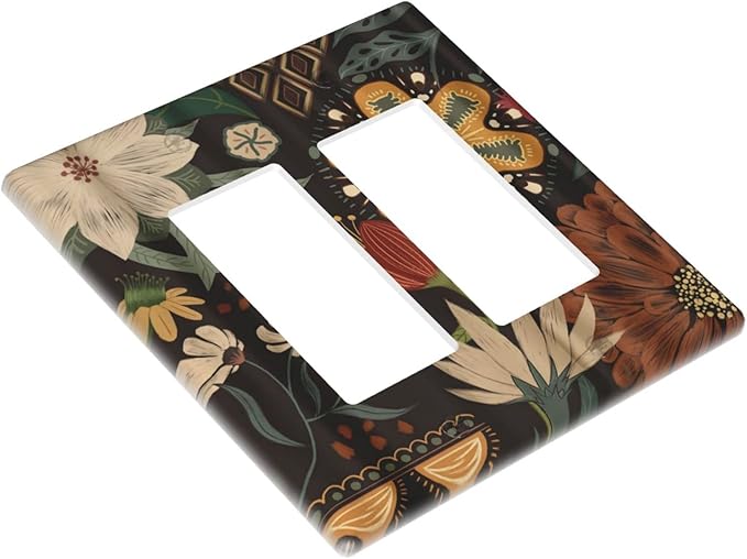 Boho Floral Tropical Leaves Double Rocker/Decora Outlet Covers Bohemian Flowers Botanical 2 Gang Artistic Light Switch Cover Decorative Gfci Wall Plate Electrical Switchplate for Bedroom Decor