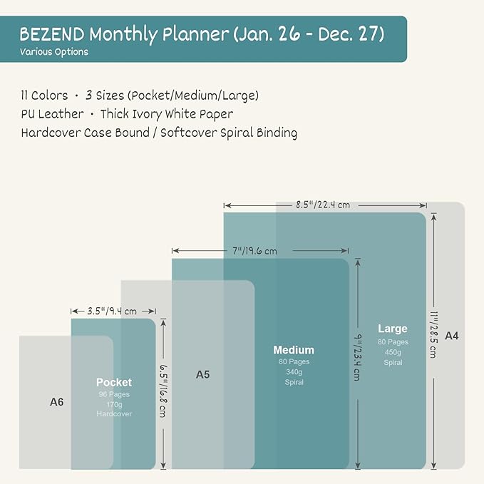 BEZEND Monthly Planner 2026-2027 (Spiral-7" x 9") 2 Year Calendar Book with Note Pages - Jan 26 to Dec 27-120 GSM Paper, Inner Pockets, Laminated Tabs, Vegan Leather Softcover - Lavender