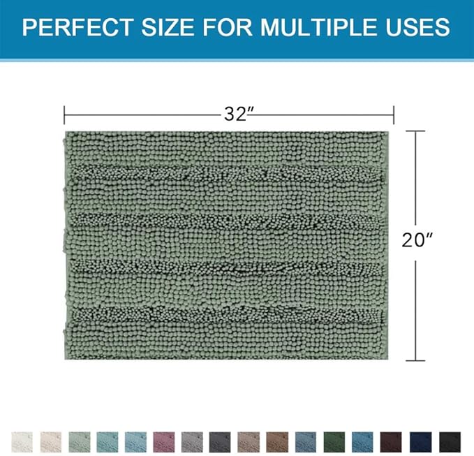H.VERSAILTEX Bath Rugs for Bathroom Non Slip Bath Mats Extra Thick Chenille Striped Rug 20" x 32" Absorbent Non Skid Fluffy Soft Shaggy Washable Dry Fast Plush Mat for Indoor, Bath Room - Green Bay