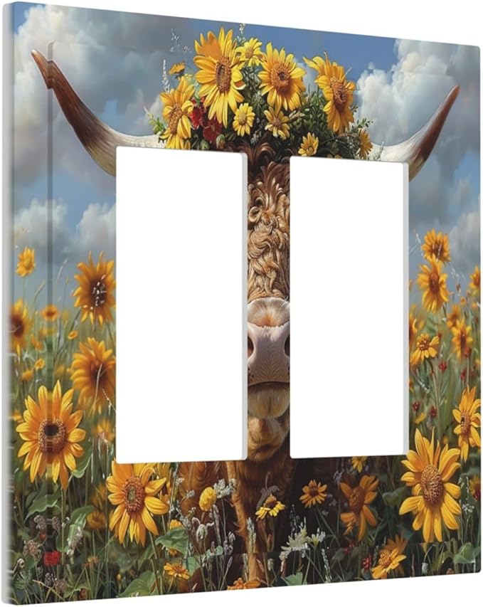 Decorative Outlet Covers Vintage Sunflower Highland Cow Rustic Art 2 Gang Double GFCI Rocker Electrical Wall Panels Light Switch Cover Plate for Bedroom Farmhouse Decor