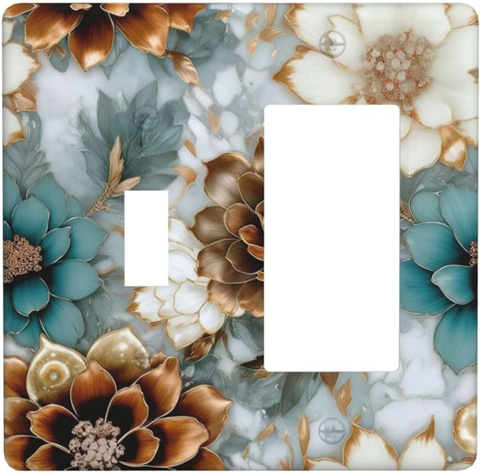 Vintage Marble Floral Gold/Green/White Metal Flowers 2 Gang Combination Light Switch Covers Decorative Toggle Rocker/Decora Wall Plate Electrical Receptacle Switchplate Dimmer Faceplate