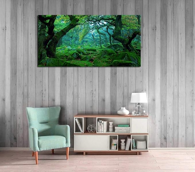 Green Forest Canvas Wall Art Living Room Decoration Big Trees Nature Picture Large Modern Canvas Artwork Contemporary Woods Mossy Rock Spring Season Prints for Kitchen Office Home Decoration 29" x 58"