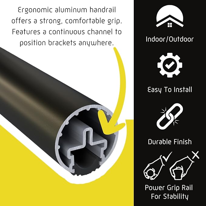 Promenaid 5ft Flush Handrail Kit - Architectural Bronze - Complete Indoor/Outdoor Handrail for Stairs - 1.6" Round Anodized Aluminum Railing with 3 Antique Brass Pivoting Wall Brackets & Flush Endcap