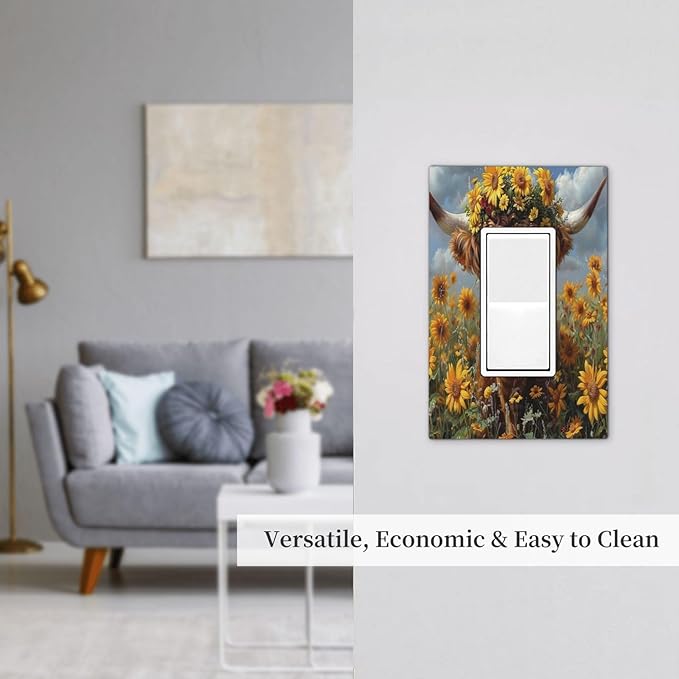 Decorative Outlet Covers Vintage Sunflower Highland Cow Rustic Art 1 Gang Single Rocker Light Switch Cover Plate Wall Plates GFCI Faceplate for Bedroom Farmhouse Decor