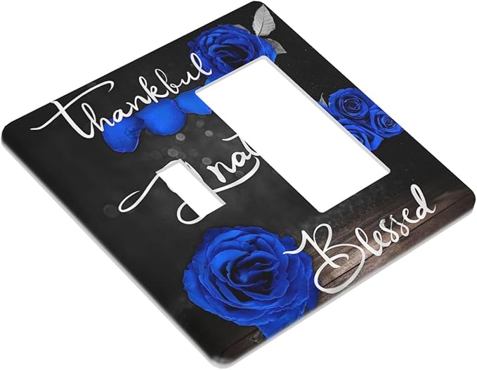 Light Switch Cover Blue Rose Thankful Grateful Blessed 2 Gang Toggle Rocker Combo Wall Plates Romantic Blue Floral Decorative Switch Plates and Outlet Covers Receptacle Cover for Home Decor