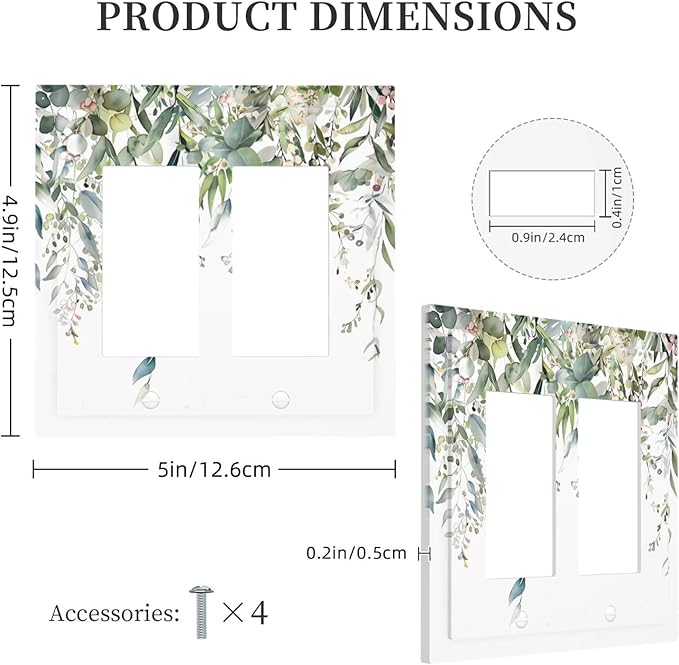 Sage Green Watercolor Eucalyptus Leaves Floral Flowers Decorative Outlet Covers 2 Gang Double GFCI Rocker Electrical Wall Panels Light Switch Cover Plate for Farmhouse Bed Room Decor