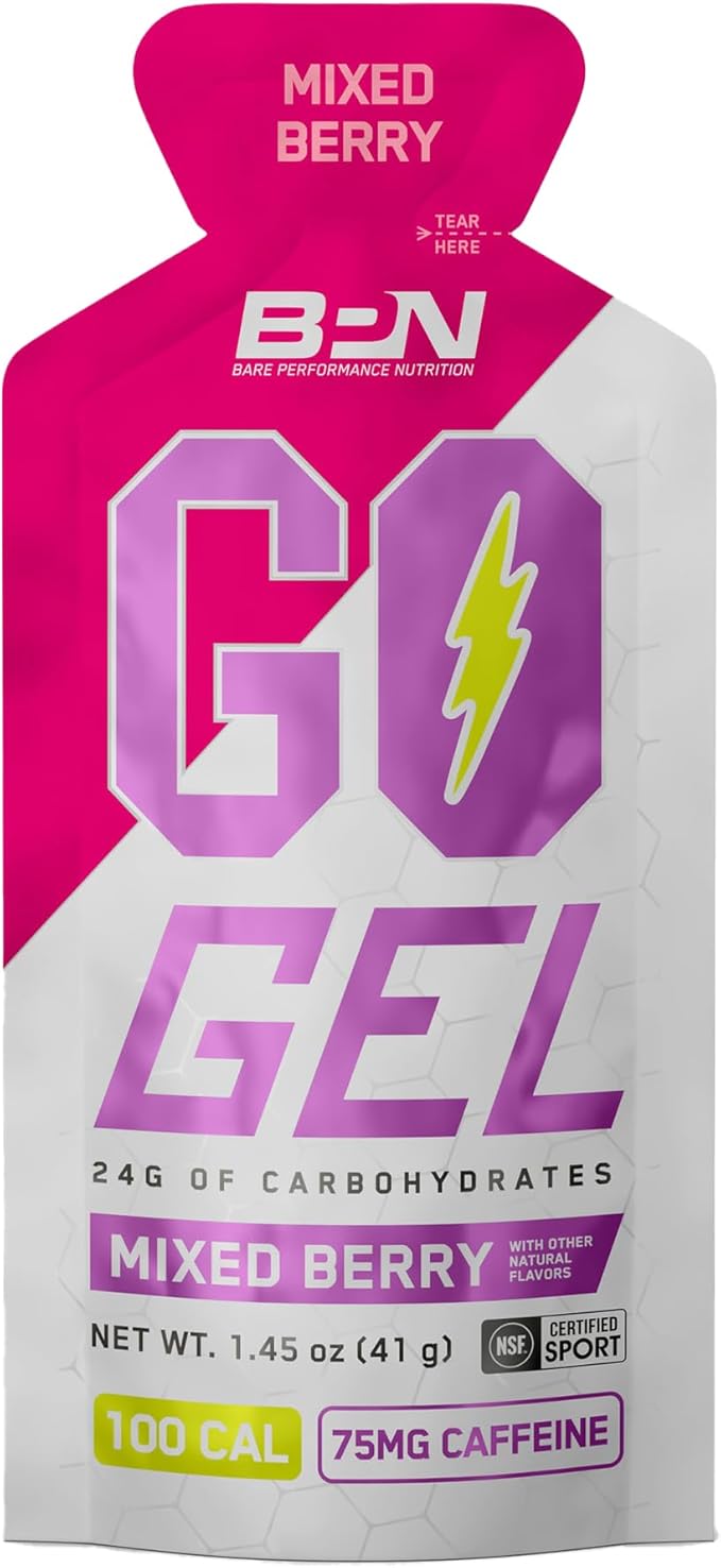 BARE PERFORMANCE NUTRITION, BPN Go Gel Endurance, 24g of Carbohydrates & 100 Calories per Pack, Vegan + Gluten Free Running Gel, 10 Single-Serving Packs, Caffeinated Mixed Berry