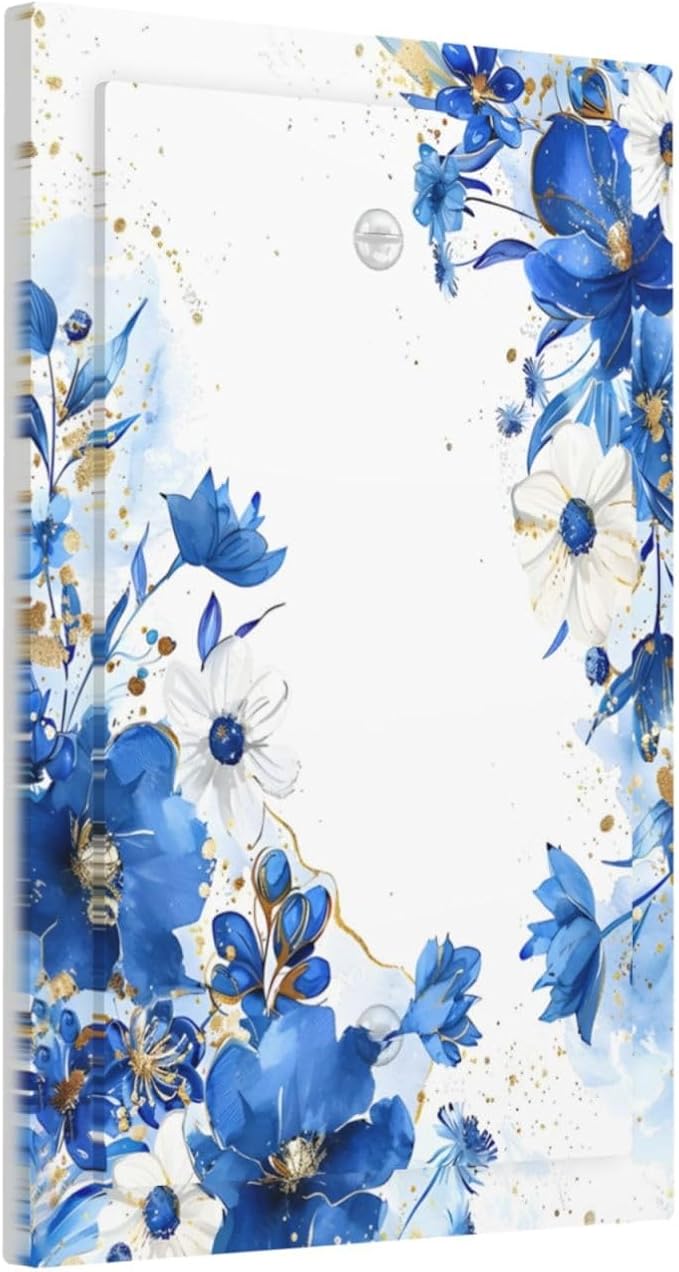 Klein Blue Flowers Watercolor Golden White Floral Light Switch Cover Plate 1 Gang No Device Blank Electrical Wall Plates Faceplate Decorative Switch Plate Covers for Bedroom Living Room Decor