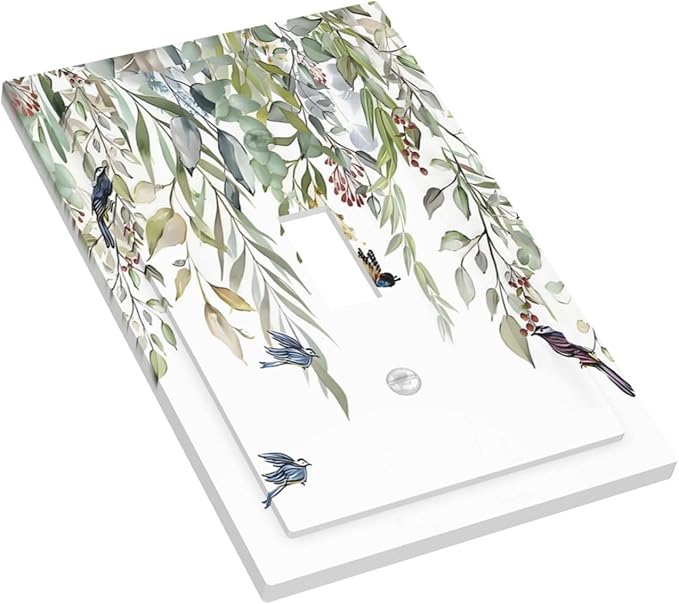 Green Leaf Eucalyptus Leaves Floral Bird Butterfly Decorative Light Switch Cover 1 Gang Single Toggle Device Electrical Faceplate Switchplates Decorator Outlet Wall Plate for Bed Room Living Room