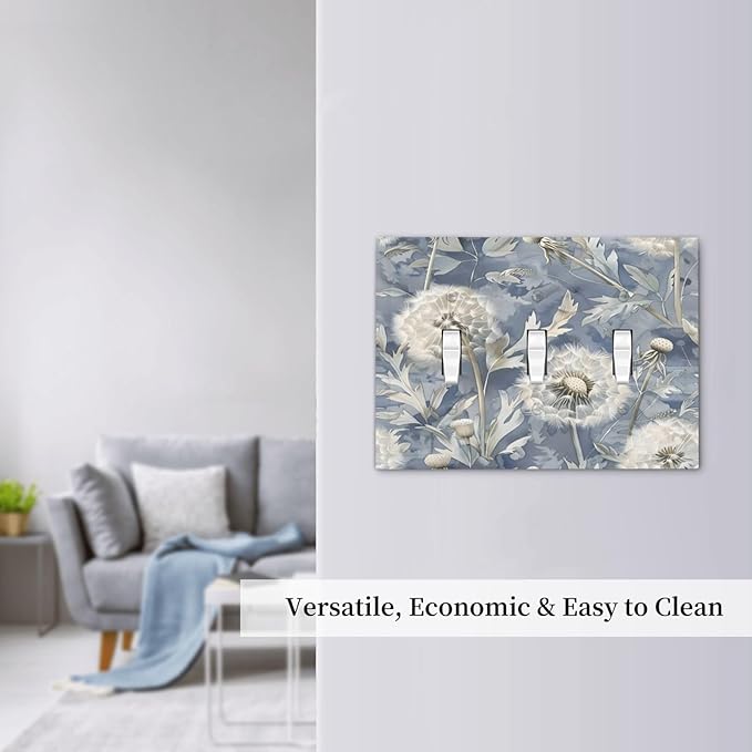 Blue Dandelion Vintage Floral Boho Flower Decorative Switch Plates 3 Gang Wall Plate Triple Toggle Light Switch Cover Faceplate Electrical Wall Panels for Bedroom Living Room Home Decor