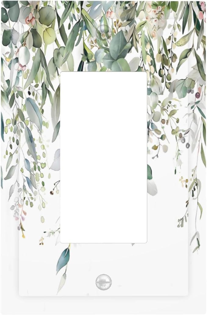 Sage Green Watercolor Eucalyptus Leaves Floral Flowers Decorative Outlet Covers 1 Gang Single Rocker Light Switch Cover Plate Wall Plates GFCI Faceplate for Farmhouse Bed Room Decor