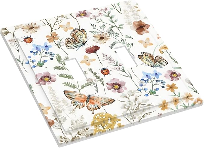 Boho Multicolor Flower Butterfly Insect Floral Decorative Switch Plates 2 Gang Double Toggle Outlet Light Switch Cover Wall Plate Electrical Faceplate for Bedroom Living Room Decor