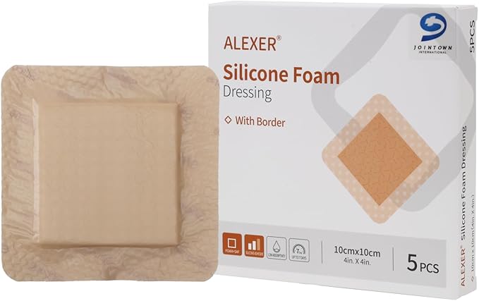Jointown Foam Wound Care Dressing, Adhesive Silicone Foam Dressing with Border, Waterproof Bed Sore Bandages, 4"x4", 5 PCS